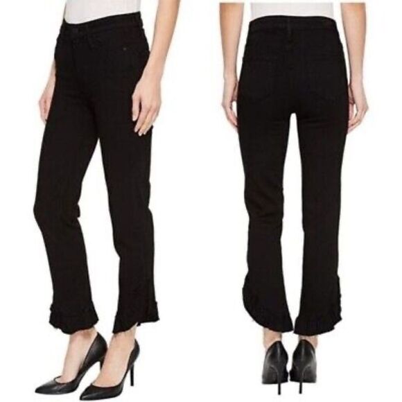 PAIGE Hoxton Shadow Black Straight Curved Ruffle Hem Jeans Sz 27 - Picture 1 of 13